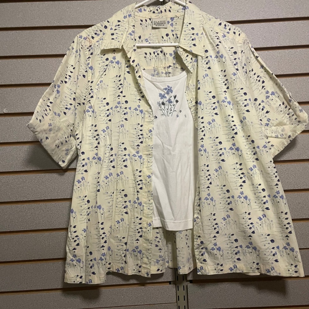 Classic Elements Woman Floral Print Button Down Shirt‎ Tank Top Set Yellow Blue
